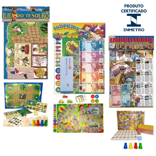 Kit 3 Jogo De Tabuleiro Banco Imobiliário + Ilha Do Tesouro + Shopkids - Brinquedo
