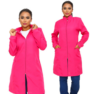 Jaleco Zíper Feminino Com Punho Manga Longa Bolso Lateral Gola Padre Caimento Acinturado Tecido Premium