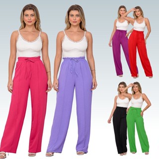 Calça Feminina Pantalona com Elastex na Cintura Cordão Wide Leg Flare Social Duna