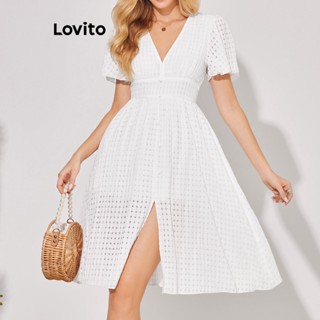 Lovito Vestido com Botões e Amarração na Frente para Mulheres LBE04141 (Branca)