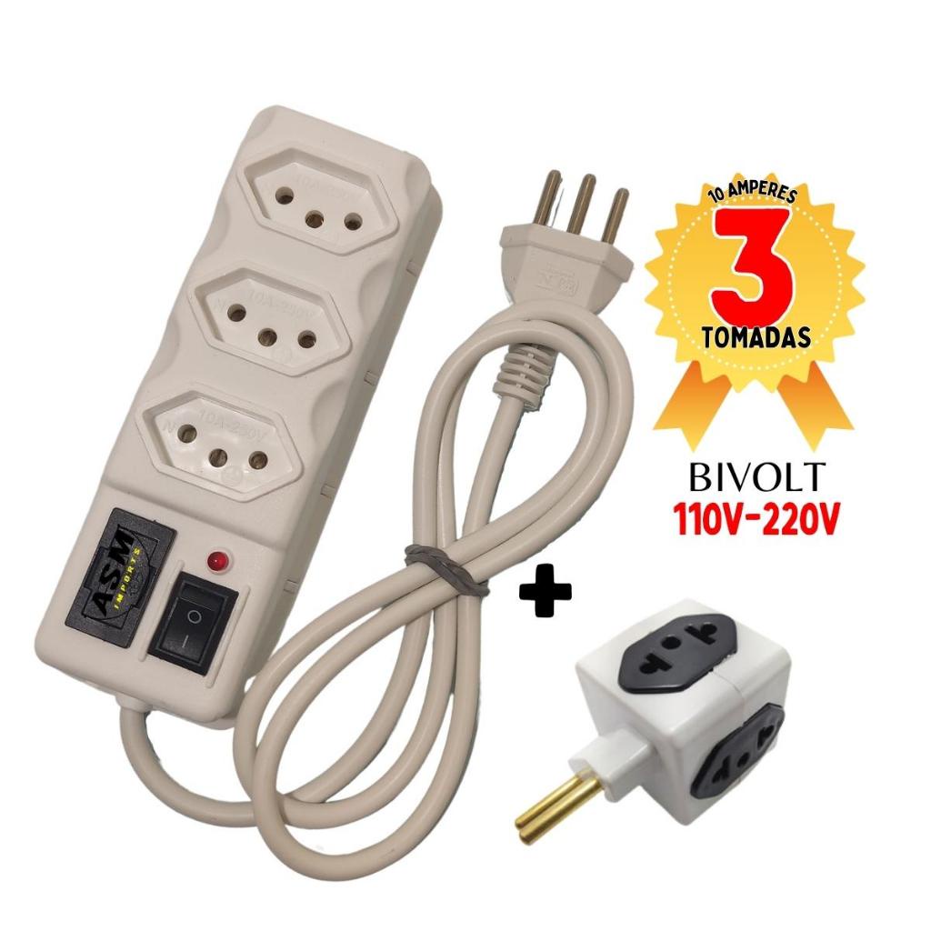 Regua Eletrica 3 Tomadas Bivolt Filtro de Linha + Cubo Adaptador de Tomadas