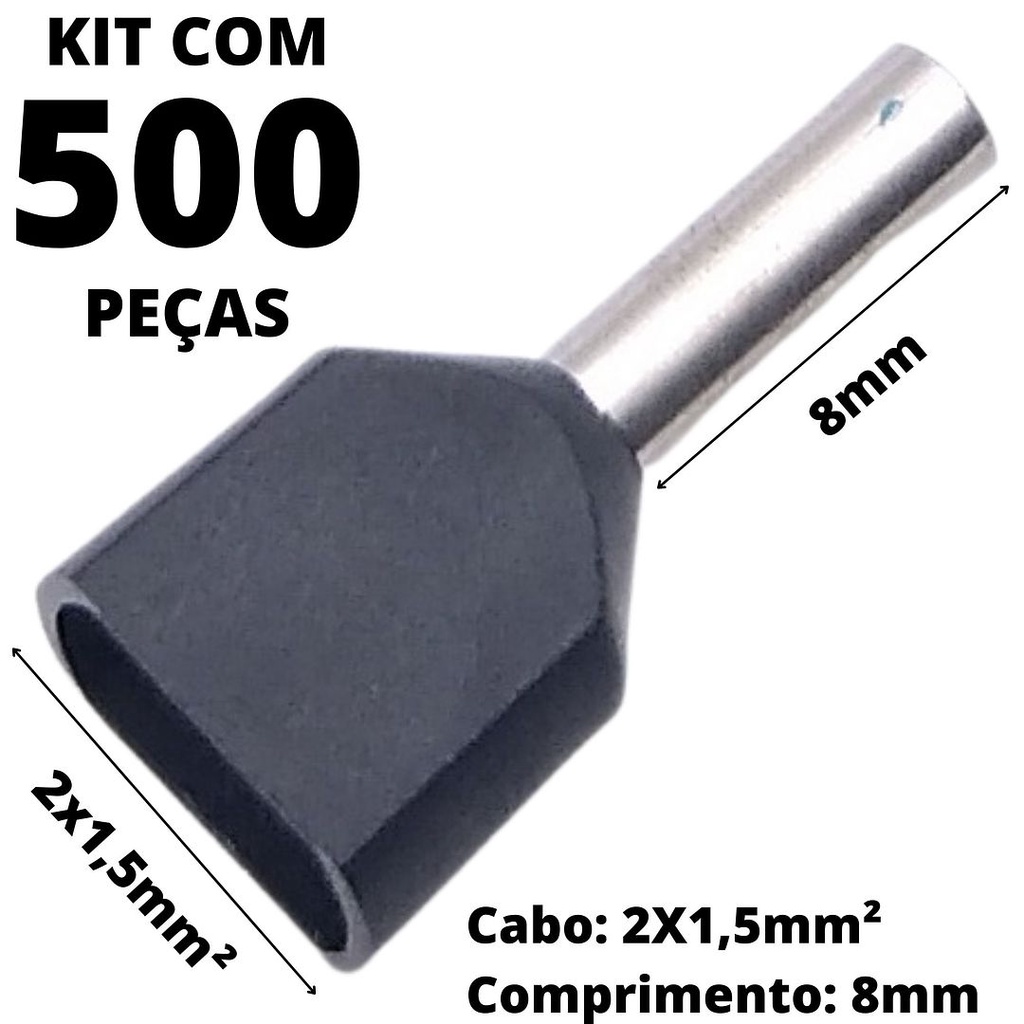 500un Terminal Tubular Ilhós Pré-isolado Duplo Para Cabo de 1,5mm² Metal 8mm Preto TE1508