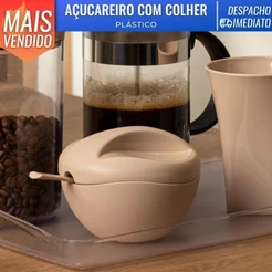 Açucareiro C/ Colher De Mesa Porta Açúcar Tampa UZ Plástico