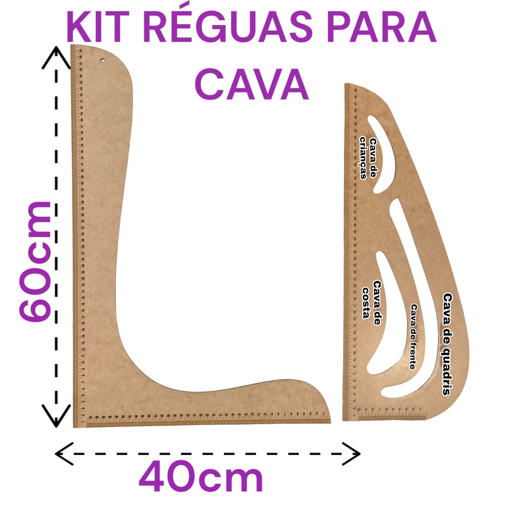 Kit Régua e Esquadro Curva De Corte Com escala 60cm x 40cm E 50cm x 10cm Costura Com Cava Original Patchwork Brasil