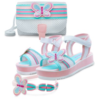 Kit Sandália Infantil Feminina Borboleta Com Bolsa e Tiara Menina LoliKids Branca/Rosa/Azul