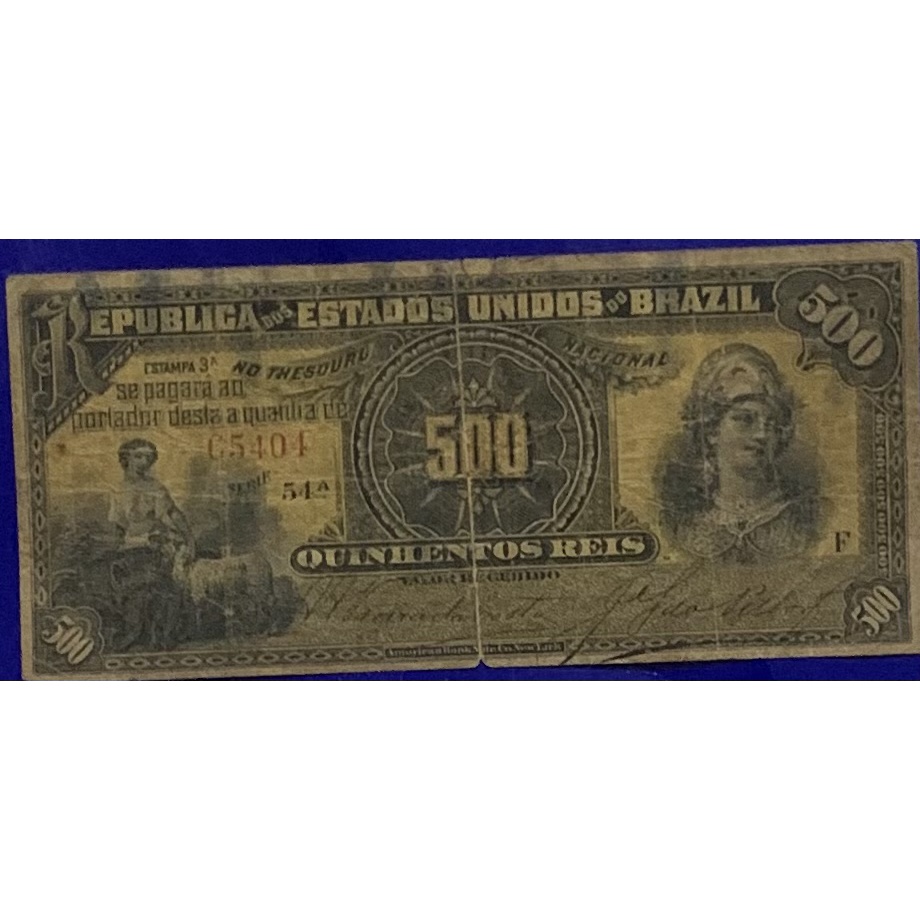Cédula 500 Réis República dos Estados Unidos do Brasil Antigas Coleção