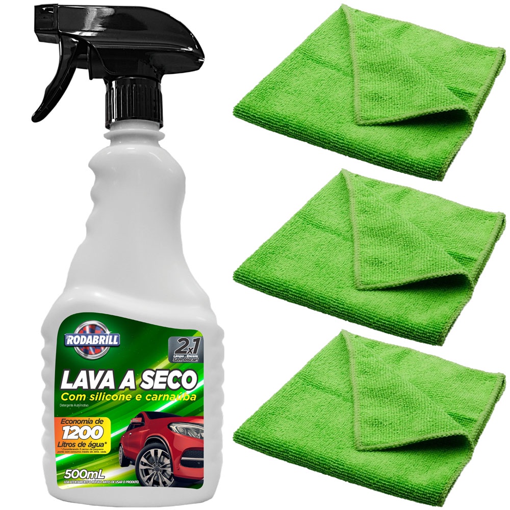 Lava a Seco Automotivo 500ml Limpa Encera Sem Risca 3 Pano Microfibra 30x30cm Rodabrill