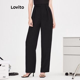 Lovito Elegante Calça Feminina Lisa Reta de Cintura Alta com Botão Frontal L51ED077 (Preta)