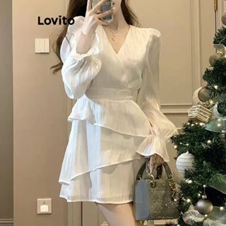 Lovito Casual Vestido Feminino Liso com Camadas LNE27259 (Branco)