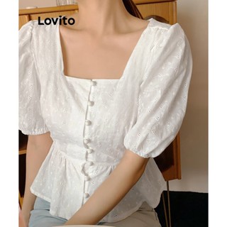Lovito Elegante Lisa Blusa Feminina com Botão Frontal Bordado com Orifício e Manga Bufante L65ED026 (Branca)