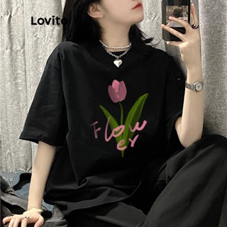 Lovito Casual Camiseta Feminina de Manga Curta com Estampa Floral e Gola Redonda LNA08049 (Preta)