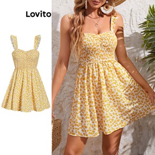 Lovito Boho Vestido Feminino Bata com Estampa Floral e Bainha Enrugada L68ED284 (Amarelo)