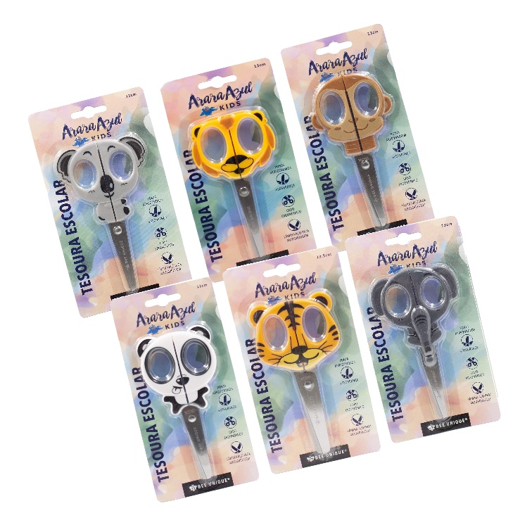 Tesoura Escolar Infantil Animais 13cm Bee Unique Arara Azul Kids Material Escolar Papelaria