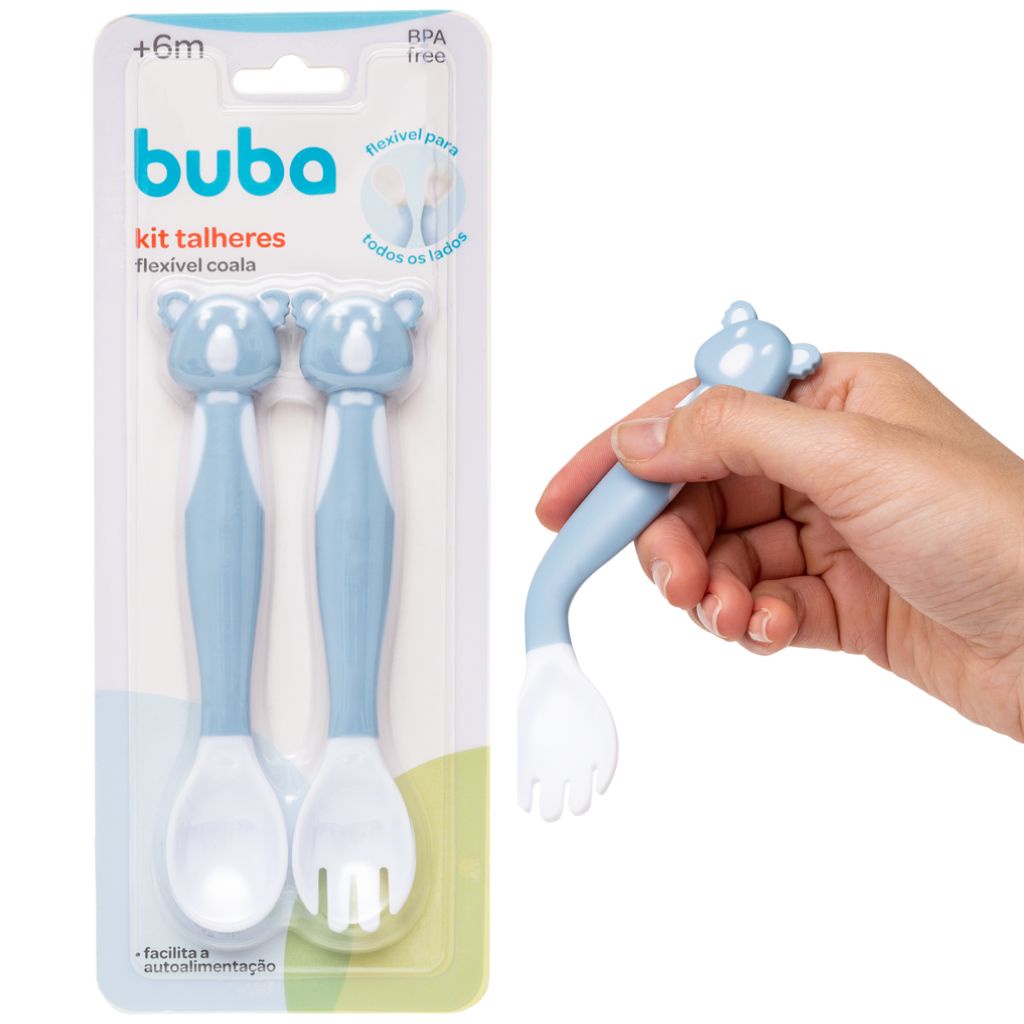 Kit Talheres Bebê Flexível Coala Azul Introdução Alimentar 16238 Buba