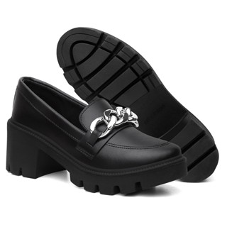 Mocassim Oxford Feminina Salto Grosso Confortavel Corrente Numeração Especial 34 Ao 42