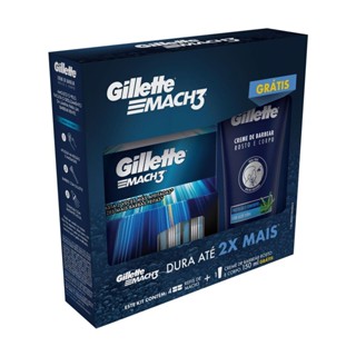 Carga Gillette Mach3 com 4 Refis de Mach3 e Creme de Barbear Gillette Rosto e Corpo 150ml