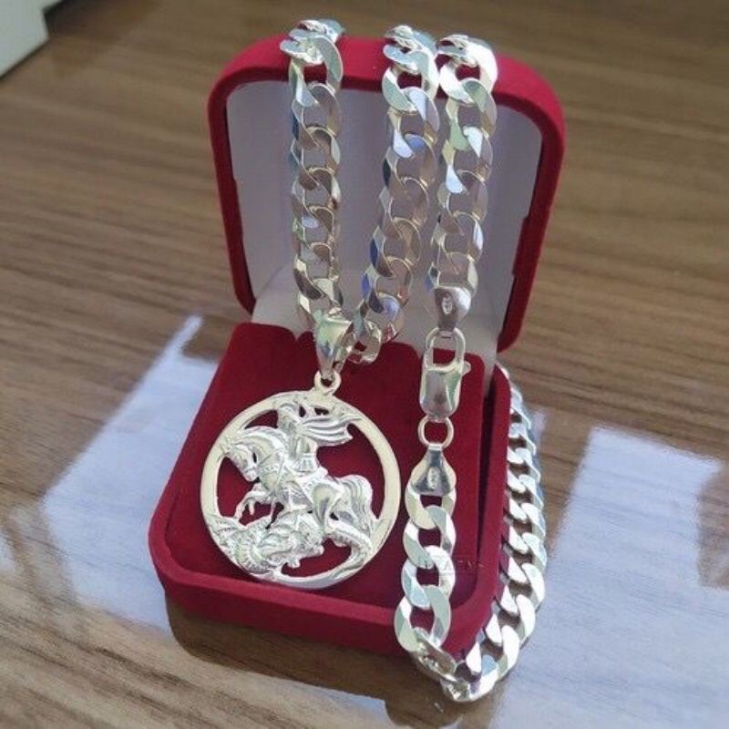 conjunto Corrente prata grumet 10mm 70cm pingente São Jorge pulseira prata 10mm cordão estampado 925 correntinha escama