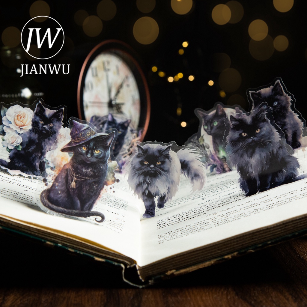 JIANWU 20 Folhas Hellia's Cat Series Vintage Black Theme Material Temático Decoração PET Adesivo Criativo Colagem De Diário De Bricolagem