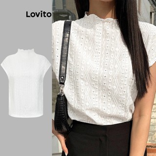 Lovito Casual Camiseta Jacquard com Bordado de Entremeio para Mulheres L74ED064