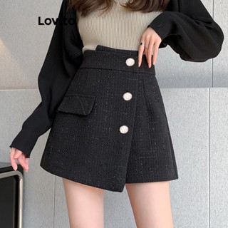 Lovito Casual Saia Feminina Lisa Assimétrica com Botão LNE27224 (Preto)