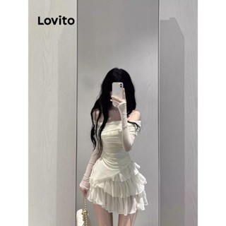 Lovito Conjunto Casual De Saia Plissada De Ombro Frio Liso Para Mulheres LNA43131