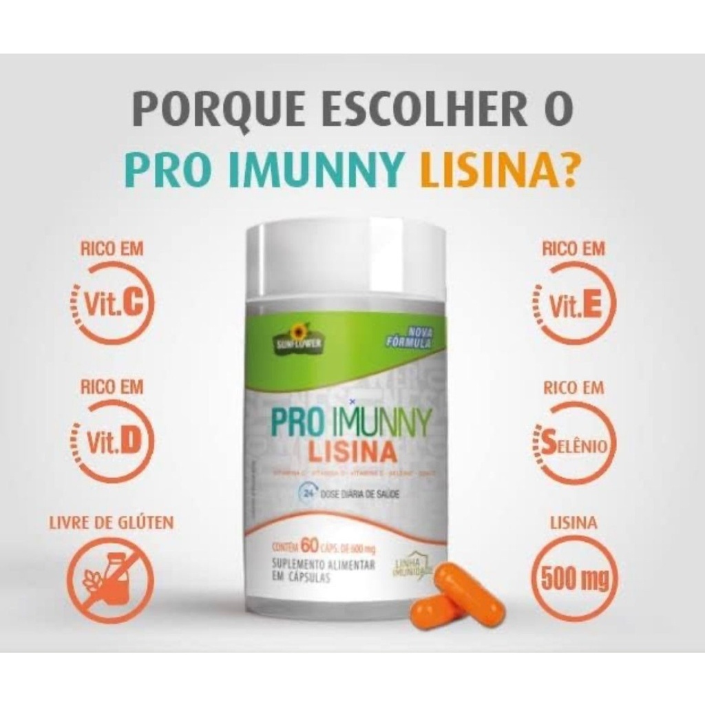 Lisina 500mg / Vitamina D 2000 UI , Zinco , Selênio , Vitamina C , Pro Imunny Capsulas 600Mg Combate Imunidade Reforça Sistema Imunológico