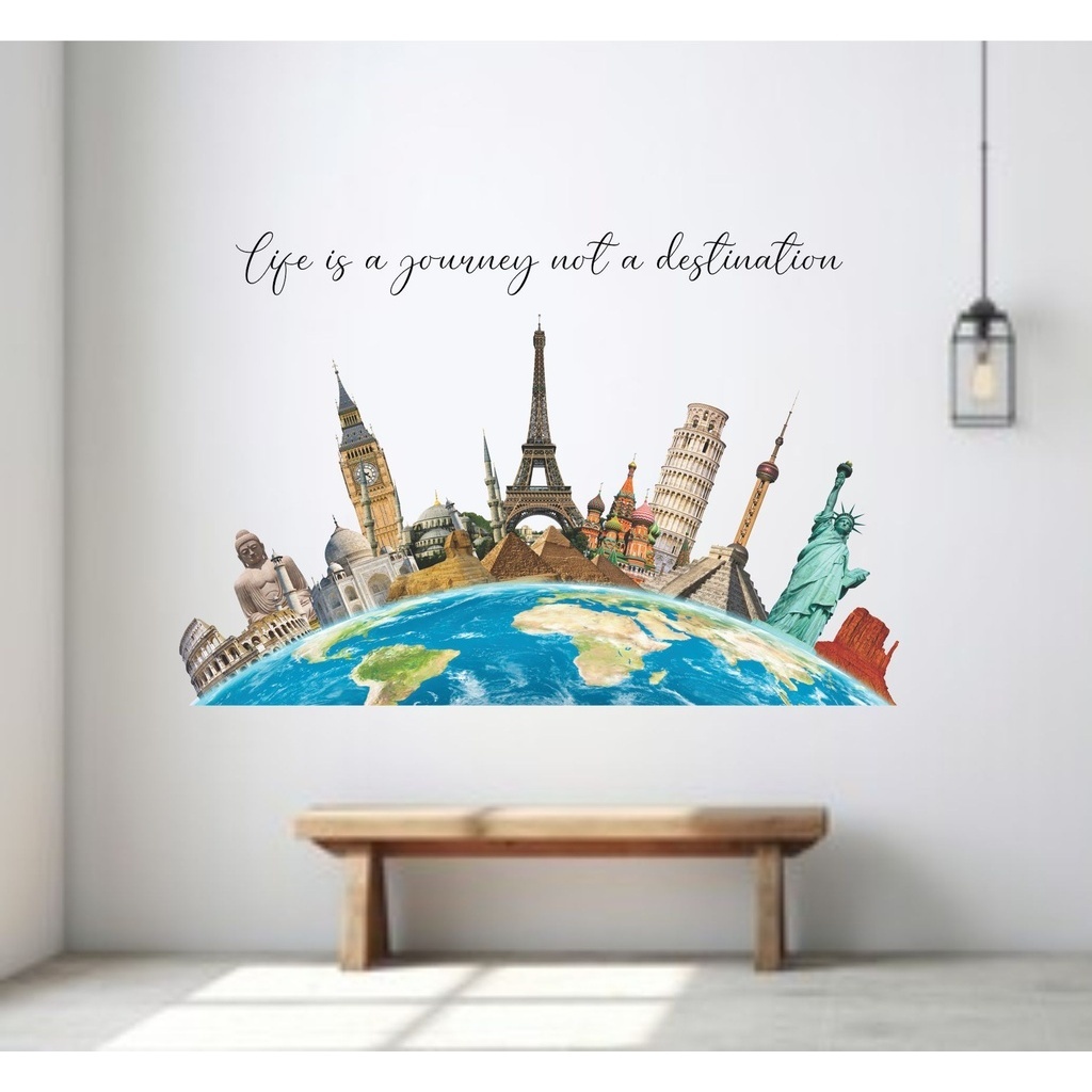 Adesivo Decorativo para Escolas Globo e Monumentos com Frase Papel de Parede Auto Colante Decalque