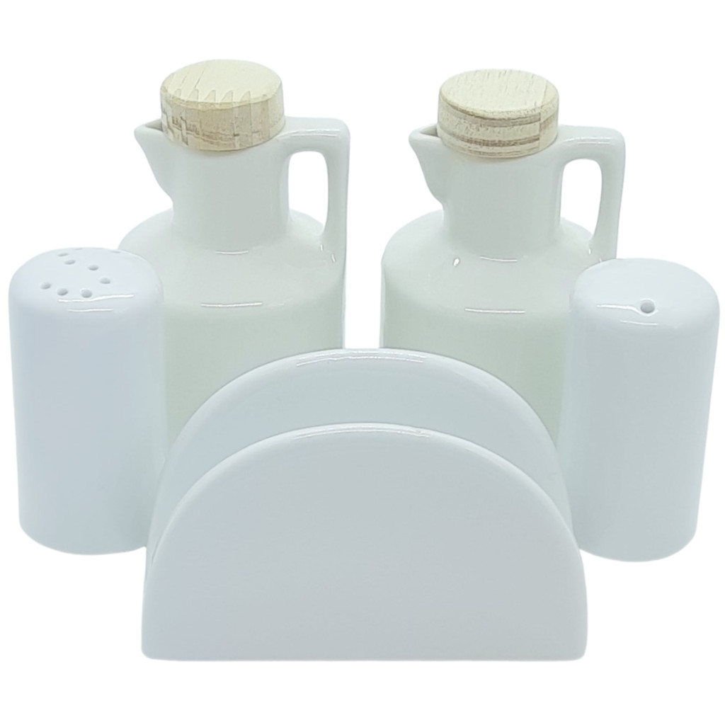 Kit Galheteiro 5 peças Azeite, Vinagre, Sal, Paliteiro e Porta Guardanapo - Porcelana e Pinus
