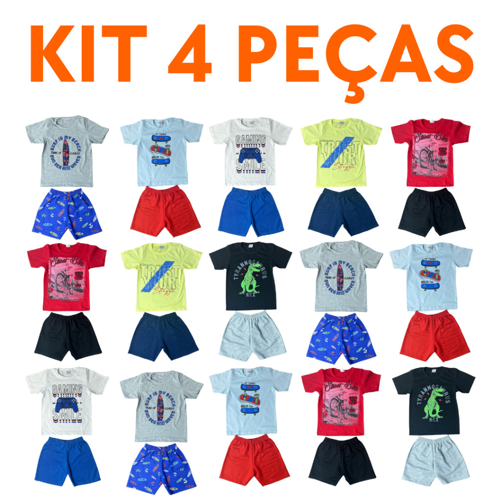 Kit Conjunto Infantil Verão Menino Com 2 Conjuntos Sortidos 2 Camisas 2 Shorts