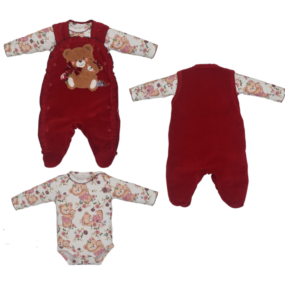 Macacão Com Body Bebê Menina Suedine Veludo Bordado Upi Uli