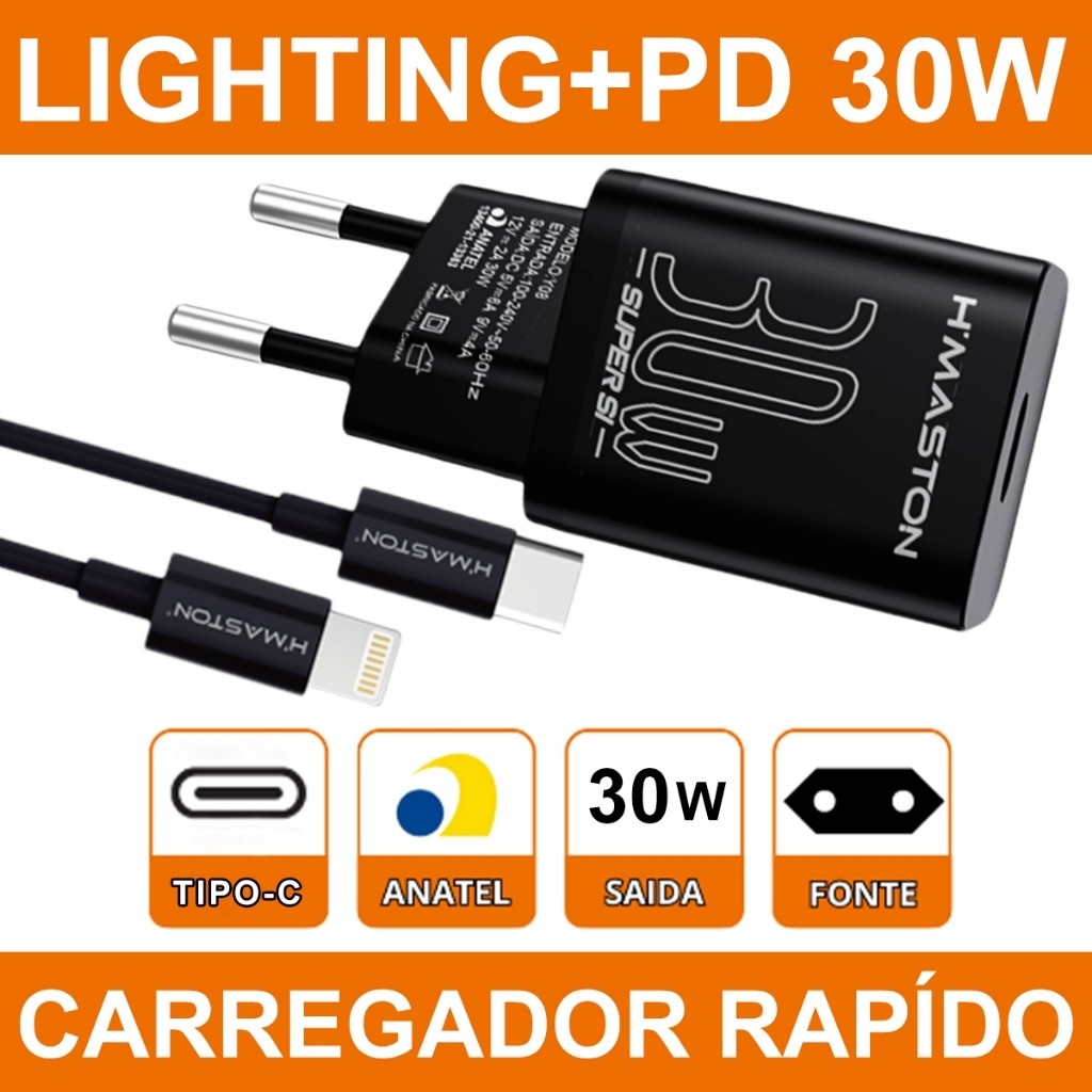 H'maston  Y08 TURBO PD 30W QC 3.0 TIPO C Lightning Carregador