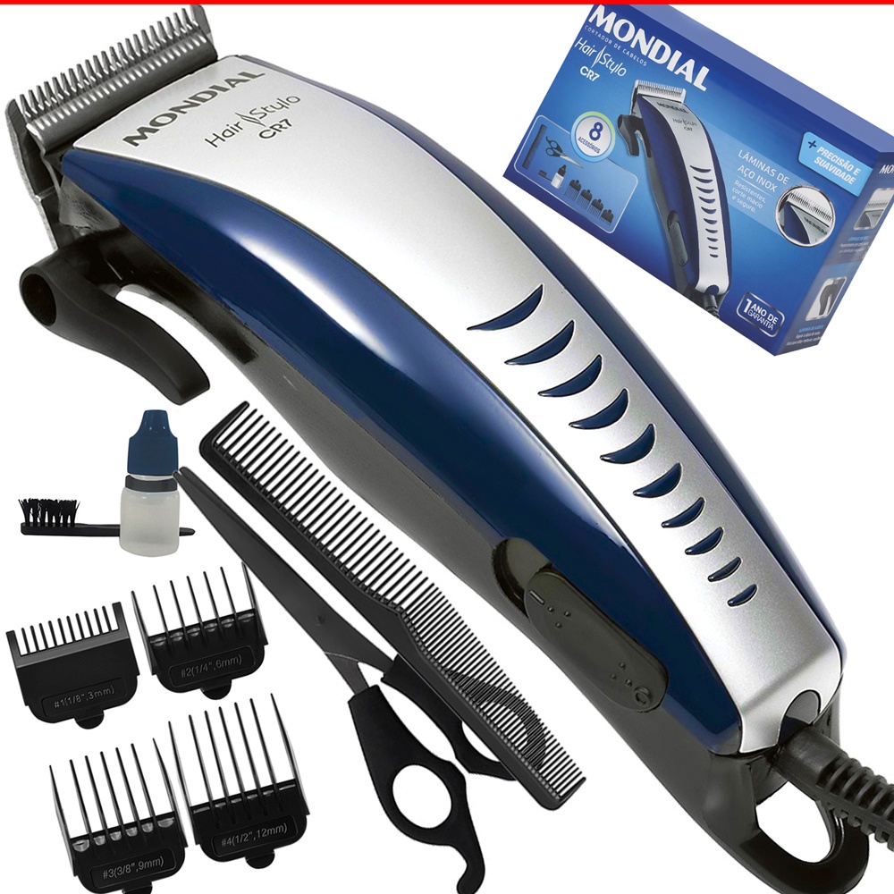 Kit Máquina Cortar Cabelo Barba Mondial 9 peças CR-07 Azul HAIR STYLO em Oferta na Shopee