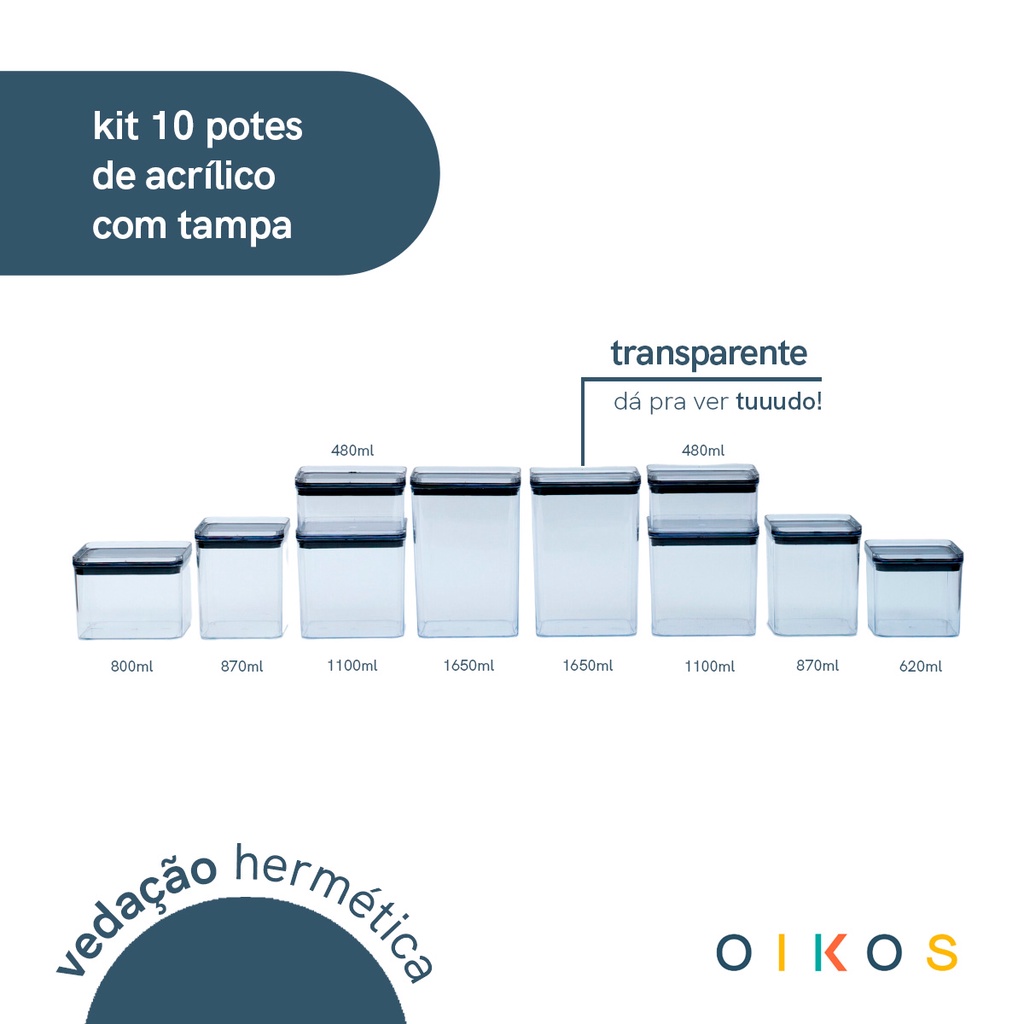 Detalhes do kit 10 potes herméticos de acrílico quadrados mantimento - oikos