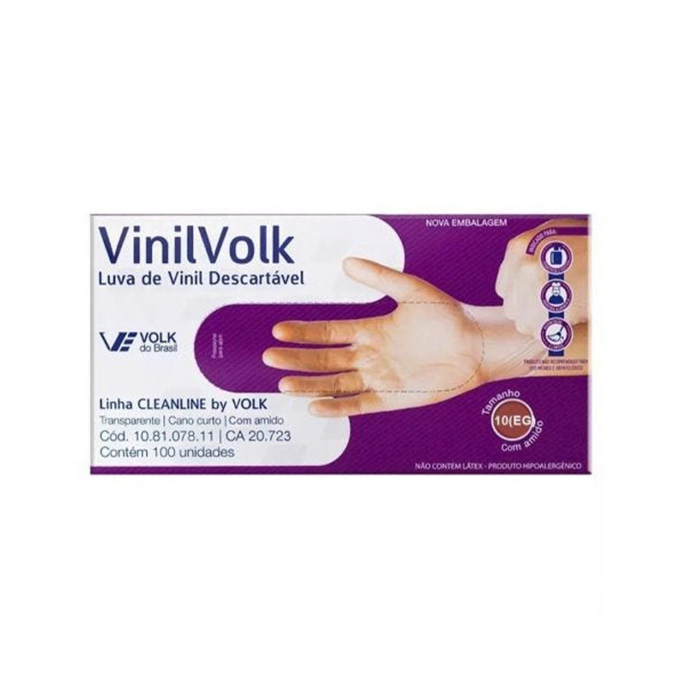 Luva De Vinil Volk Com Amido c/100un Tam. EG