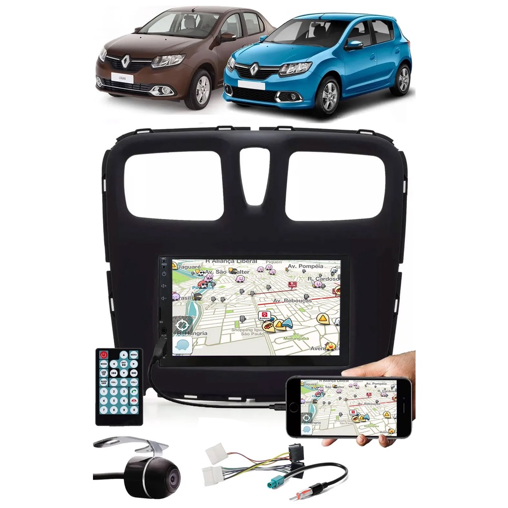 Multimídia Logan Sandero 2015 à 2020 Bluetooth USB SD Card + Interface Comando Volante + Moldura + Chicotes + Câmera Ré