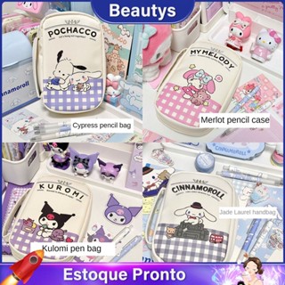 Sanrio Estojo impermeável para lápis Estilo japonês Creme de alto valor Bolsa para lápis com zíper quadrado Kawaii Kuromi Mylody Cinnamoroll Bolsa de papelaria de grande capacidade