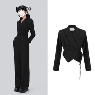 Lovito Blazer Casual Liso Assimétrico Com Cadarço Para Mulheres LNA35029 (Preto)