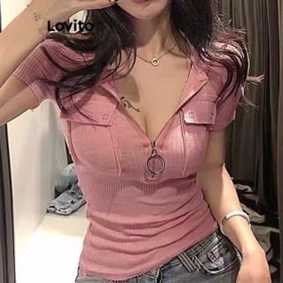 Lovito Camiseta Feminina Casual Com Zíper Liso LNA27342 (Rosa)