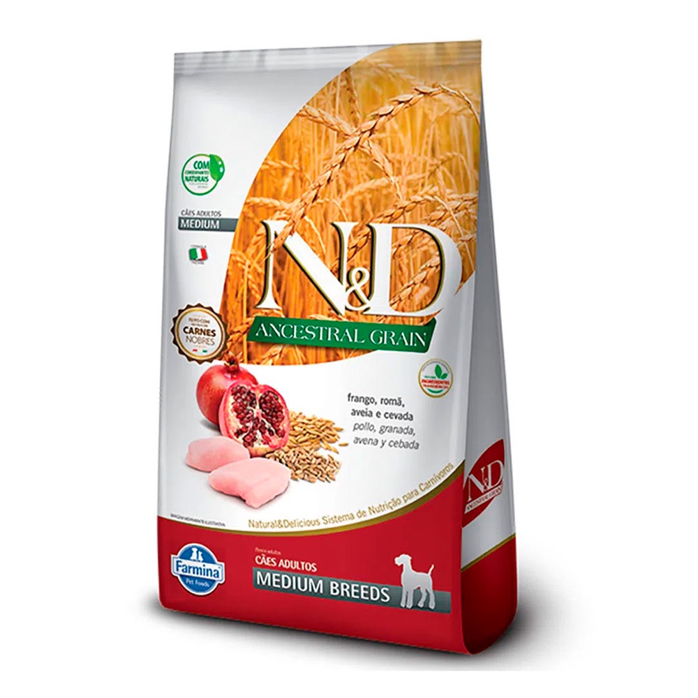 Detalhes do Ração Farmina N&D Ancestral Grain Para Cães Adultos Raças Médias Sabor Frango e Romã 10,1kg