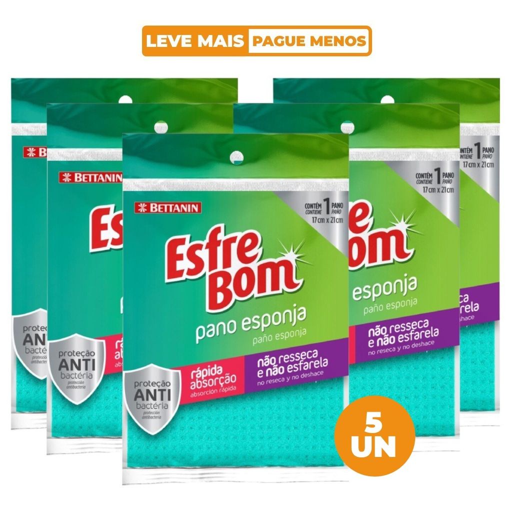Kit Pano Esponja Antibacteriana Vegetal 5 unidades EsfreBom em Oferta na Shopee