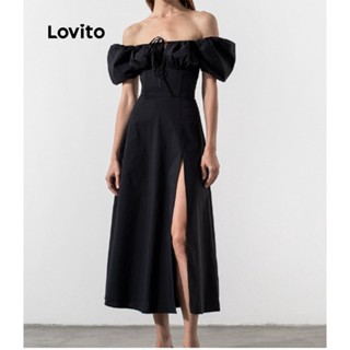 Lovito Elegant Vestido Feminino Luso de Amarra com Fenda Cut Out e Manga Bufante LNL01076 (Preto)