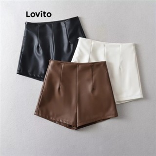 Lovito Shorts Casuais Plissados Lisos Para Mulheres LNL39164 (Café/Branco/Preto)