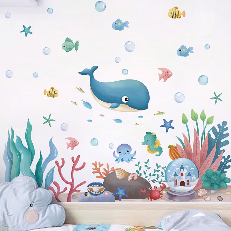 Autocolantes de Parede de Baleia Oceânica Autocolantes de Parede de Baleia Oceânica, Decoração de Quarto Infantil Autocolantes de Algas Marinhas de Peixe Pequeno