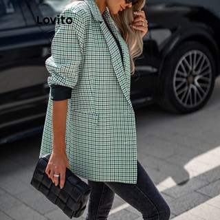Lovito Blazer Elegante Frontal Com Botão De Bolso Houndstooth Para Mulheres LNE31207 (Cáqui/Verde)