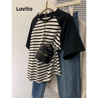 Lovito Casual Camisetas Listradas com Blocos de Cor para Mulheres LNA20199 (Preto)