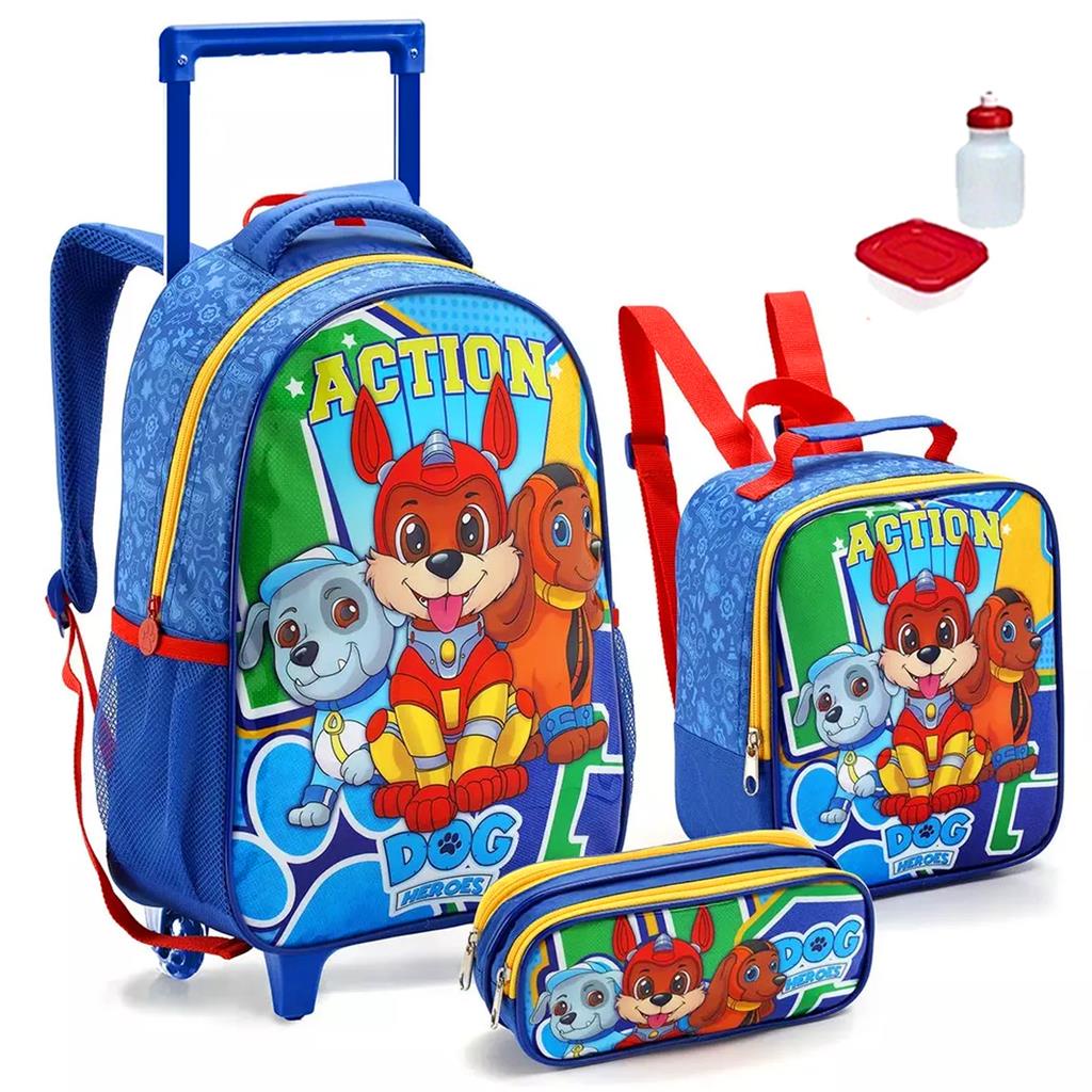Kit Mochila Mochilete Infantil Dog Heroes Patrulha Escolar Meninos Reforcada 2 em 1 Alcas e Rodinhas Tamanho Grande Com Lancheira Termica Garrafinha Potinho e Estojo Duplo