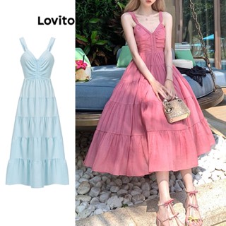 Lovito Vestido Feminino Casual Liso Com Amarração Nas Costas LNA30193 (Rosa Quente)