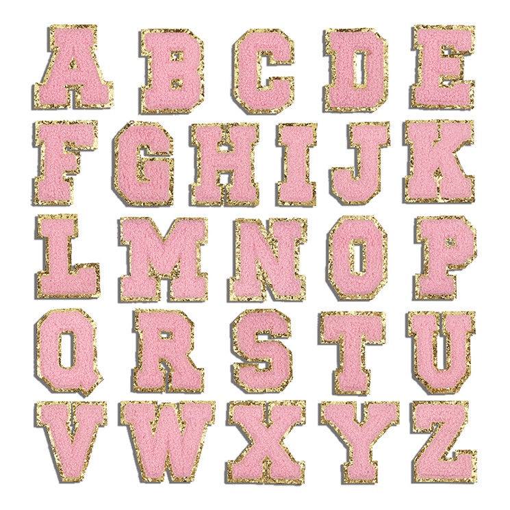 1pcs Pink Gold Edge 6CM Cartas Em Inglês Bordado Com Toalha Adesiva De Fusão A Quente Patch Saco De Roupa Decorativo De Pano