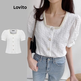 Lovito Blusa Feminina Casual Com Pérolas Lisas Jacquard Manga Bufante L77ED025