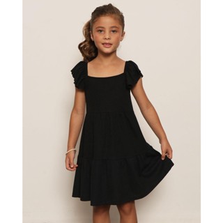Vestido Infantil Manga Curta Com Babado Canelado Três Marias Preto